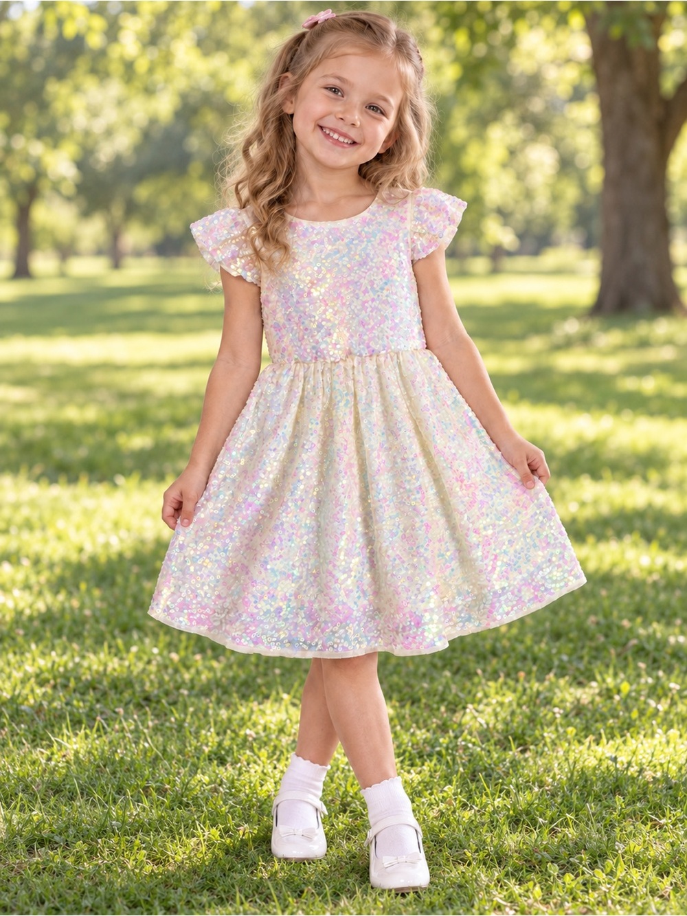H&M Iridescent Sequin Short Sleeve Dress - White with Pink & Purple Sheen